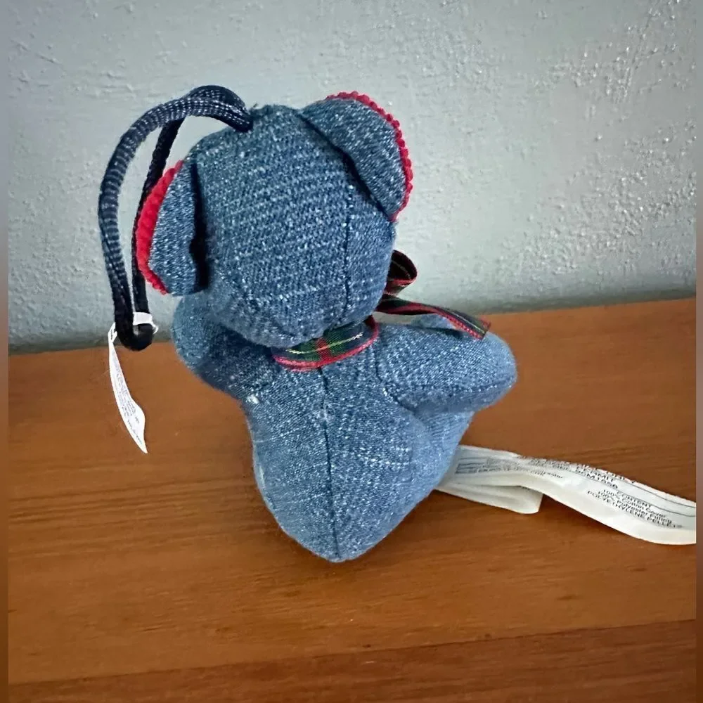 New Pier 1 Imports Denim Blue Jean Teddy Bear Ornament Gingham Plaid Bowtie 4.5”